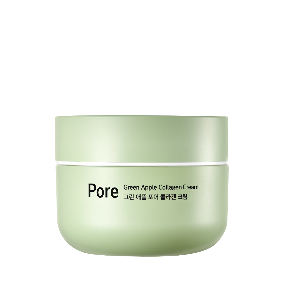Lys grøn krukke med teksten "Pore Green Apple Collagen Cream" i sort skrift.