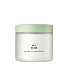 Hvid krukke med lysegrønt låg, etikette med teksten "Milk Touch Green Apple Pore Collagen Jumbo Pad".