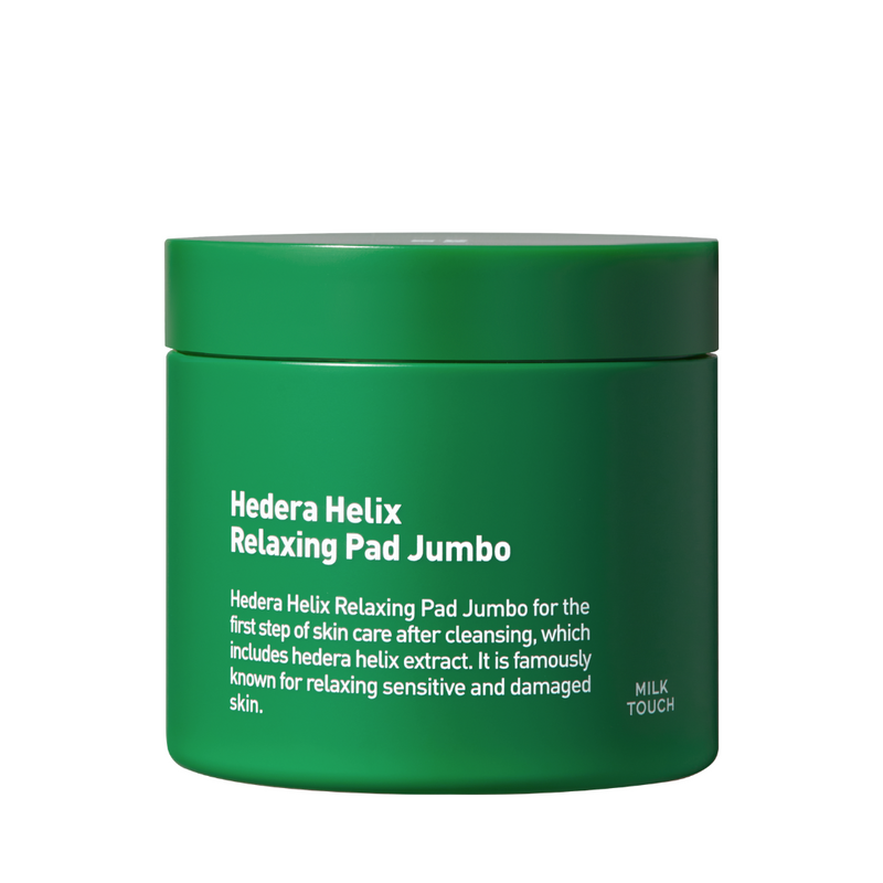 Grøn beholder med teksten "Hedera Helix Relaxing Pad Jumbo" og beskrivelsen af produktets anvendelse.