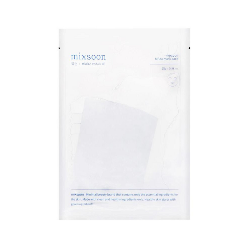 Hvidt Mixsoon Bifida Mask Pack med blå tekst og enkel design.