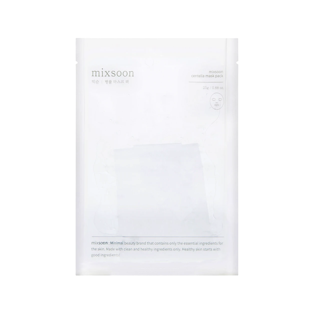 Hvid emballage med teksten "mixsoon" og "centella mask pack". Enkel og minimalistisk design.