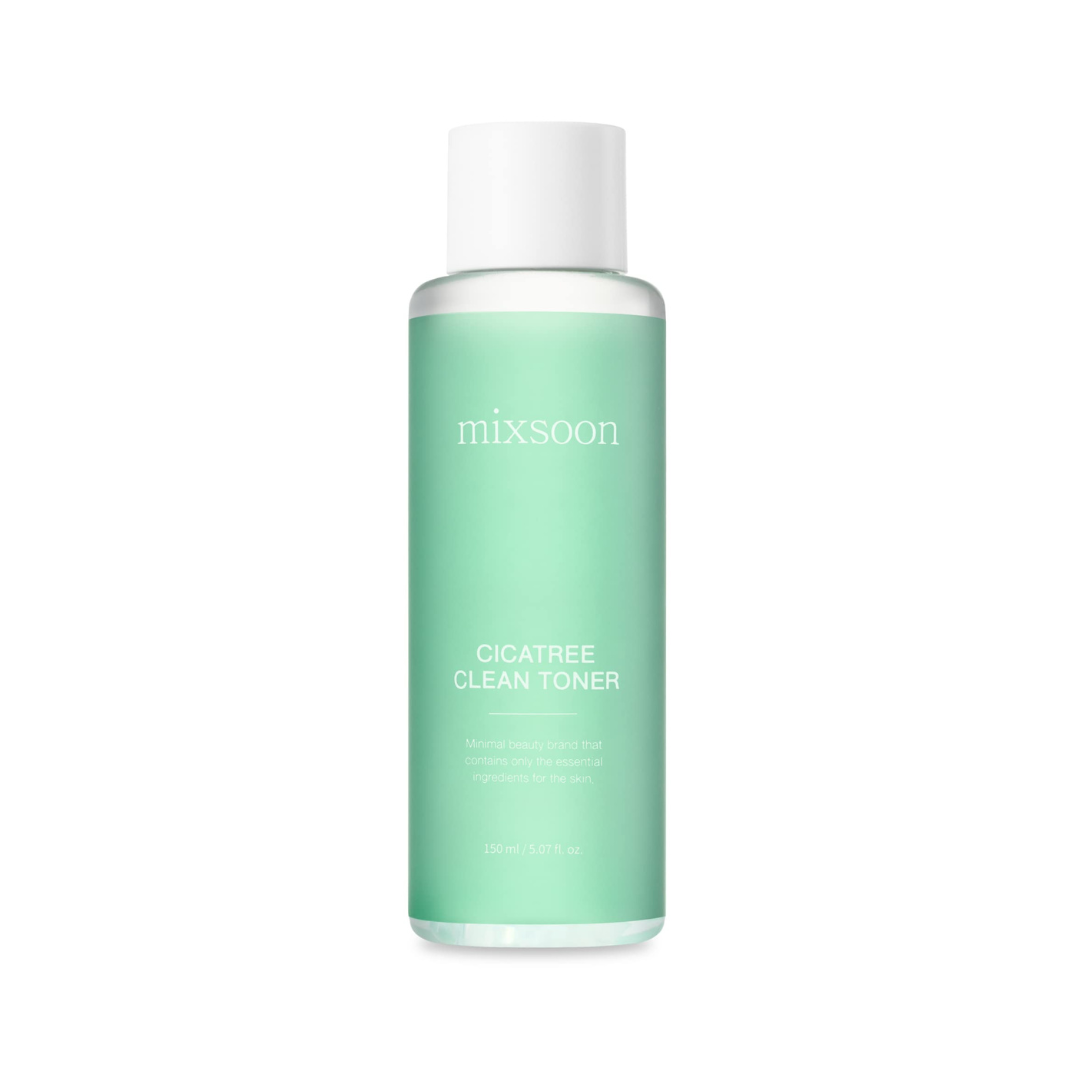 Grøn flaske med hvidt låg og tekst "Mixsoon Cicatree Clean Toner" på forsiden, 150 ml.