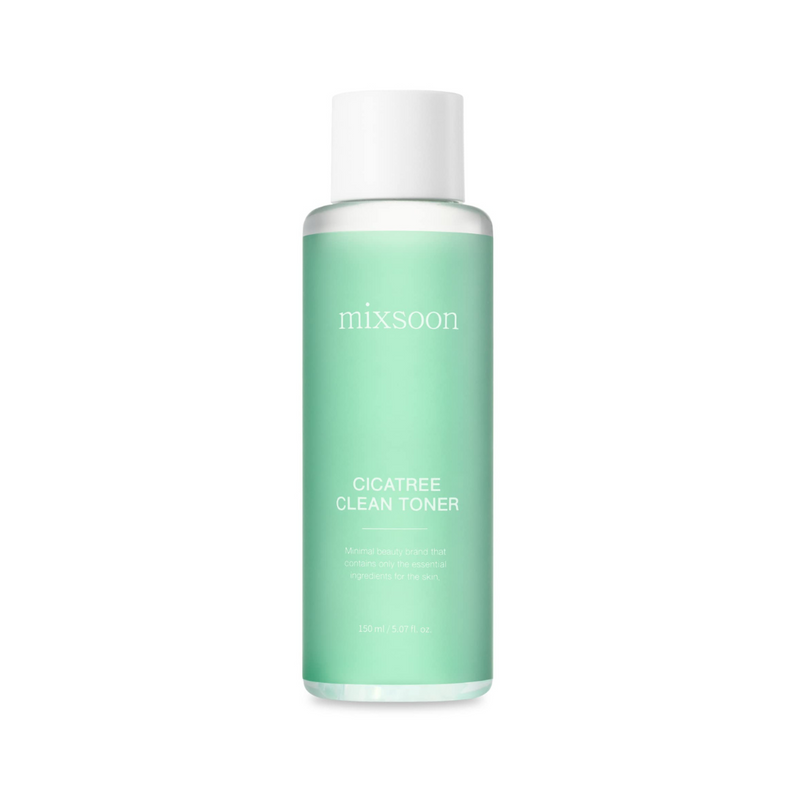 Grøn flaske med hvidt låg og tekst "Mixsoon Cicatree Clean Toner" på forsiden, 150 ml.