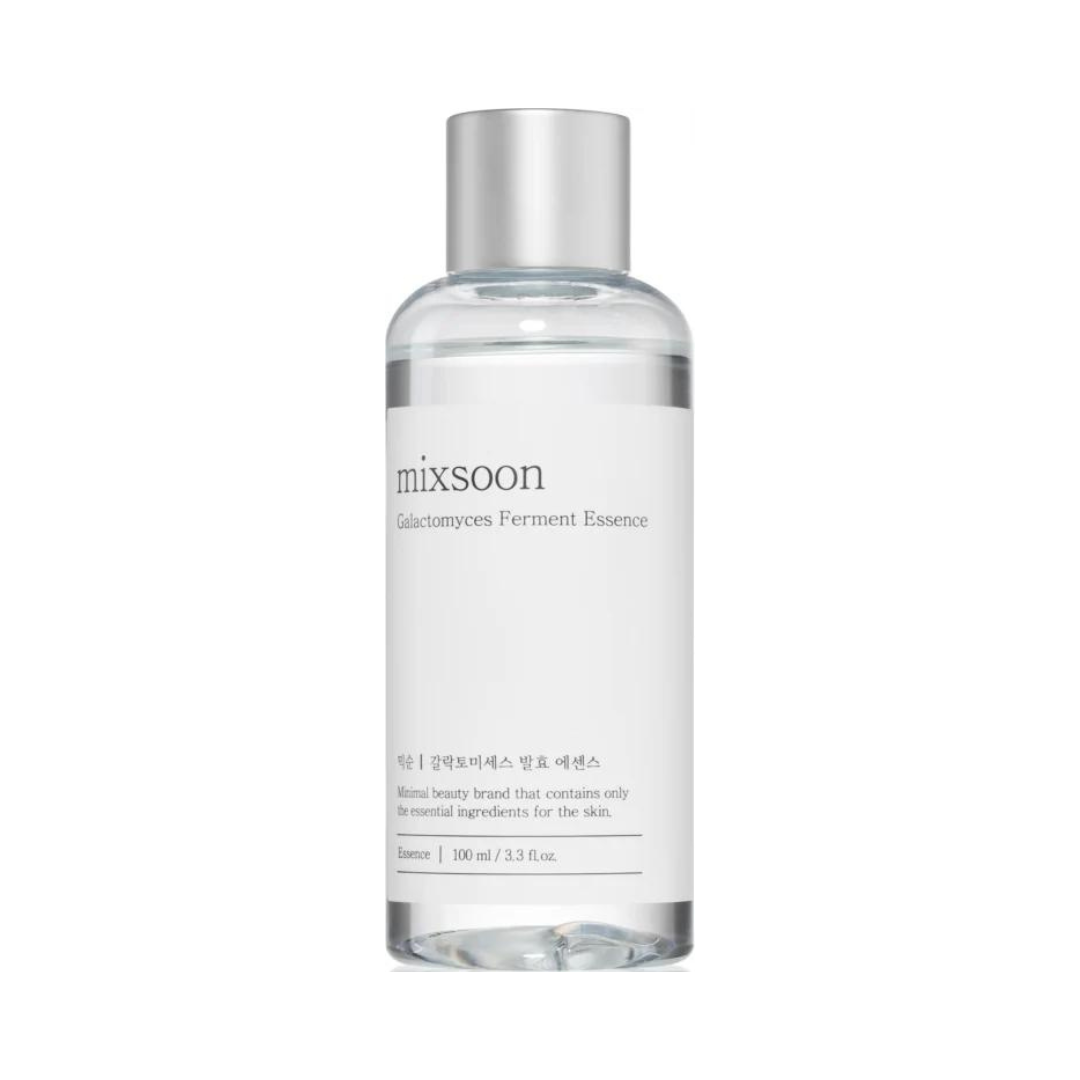 Klar flaske med sølvfarvet låg, mærket "mixsoon Galactomyces Ferment Essence" 100 ml.