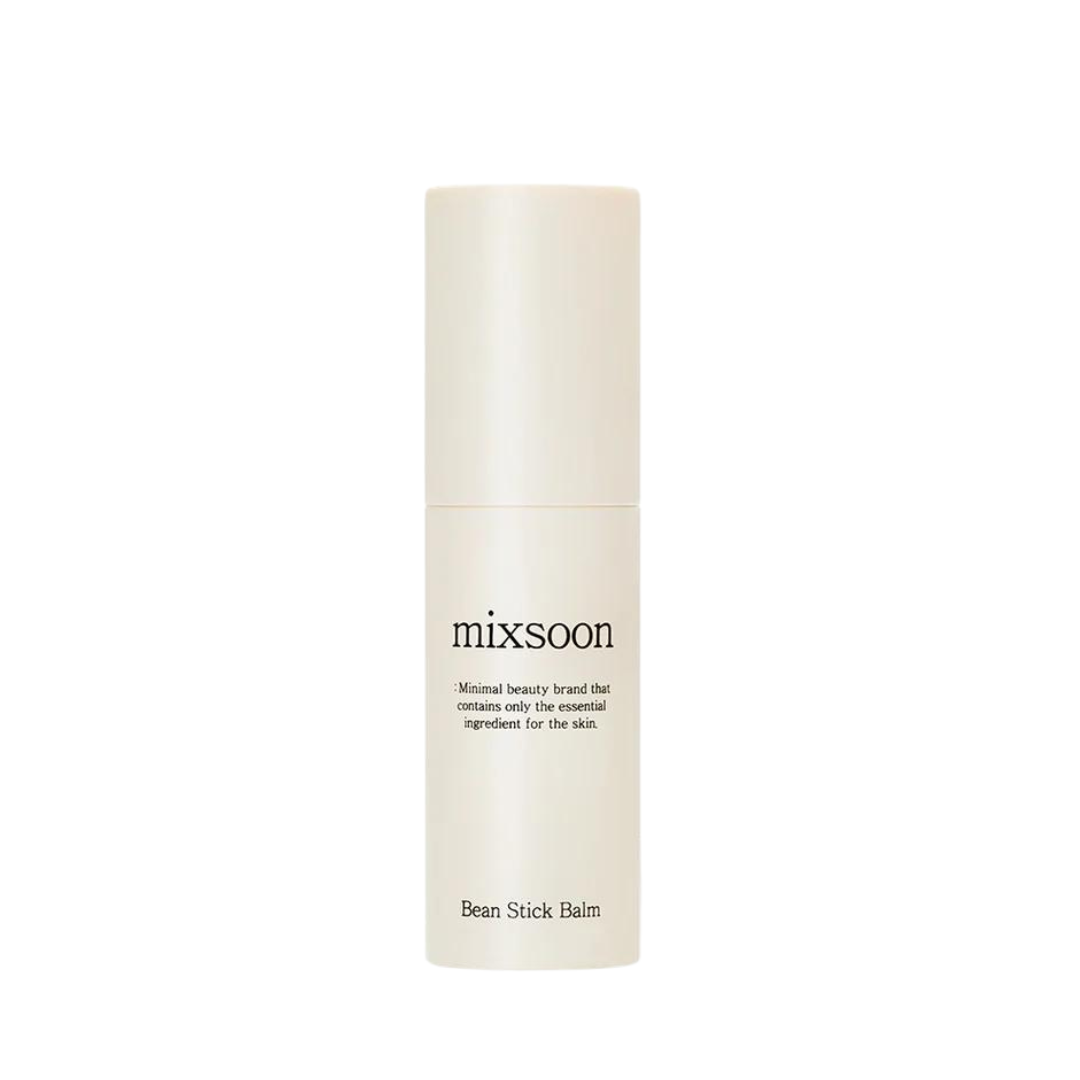 Beige cylinderbeholder med teksten "Mixsoon - Bean Stick Balm" og et minimalistisk design.