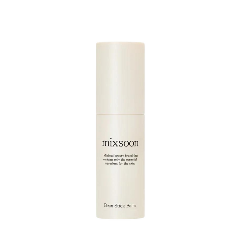 Beige cylinderbeholder med teksten "Mixsoon - Bean Stick Balm" og et minimalistisk design.