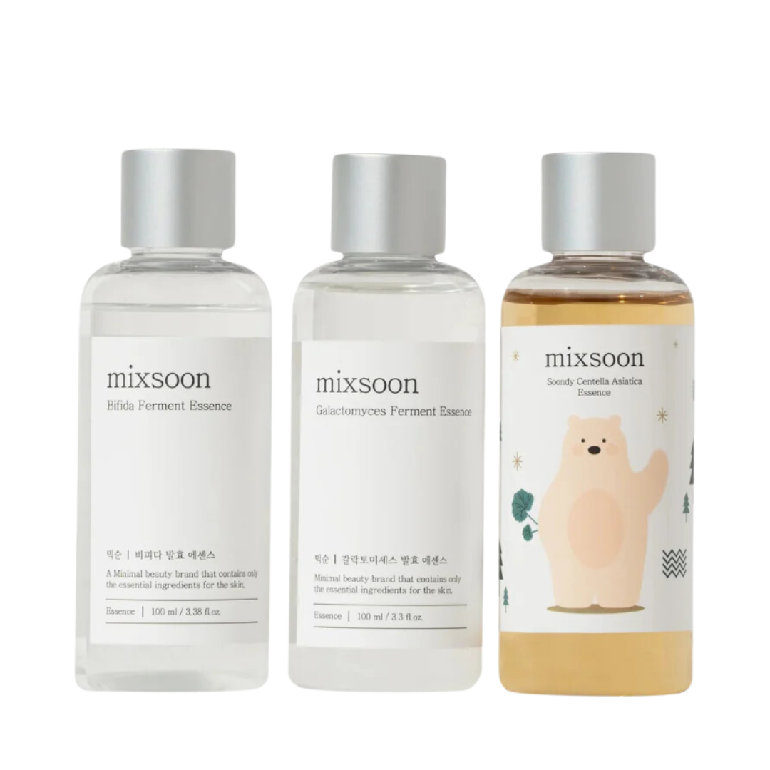 Tre Mixsoon-essencer: Bifida, Galactomyces, og Soondy Centella med bjørnemotiv på etiketten.