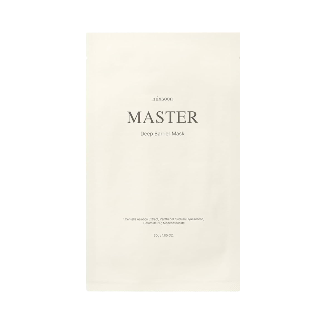 Cremefarvet pakke med teksten "Mixsoon Master Deep Barrier Mask" og ingredienser nævnt nedenunder.