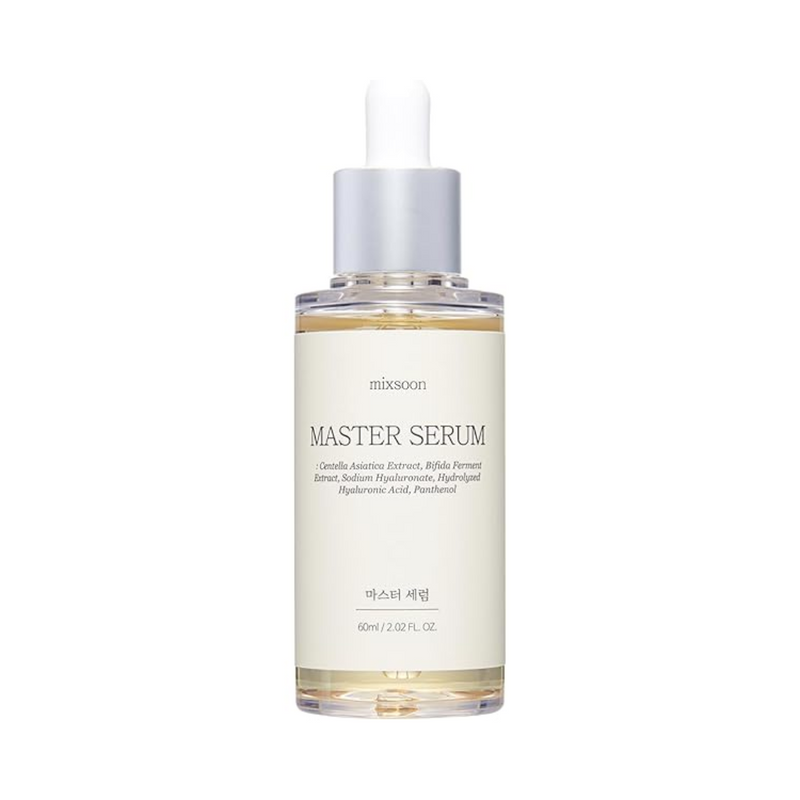 Flaske med Mixsoon Master Serum, 60 ml, dropperlåg, lys etiket med produktinformation.