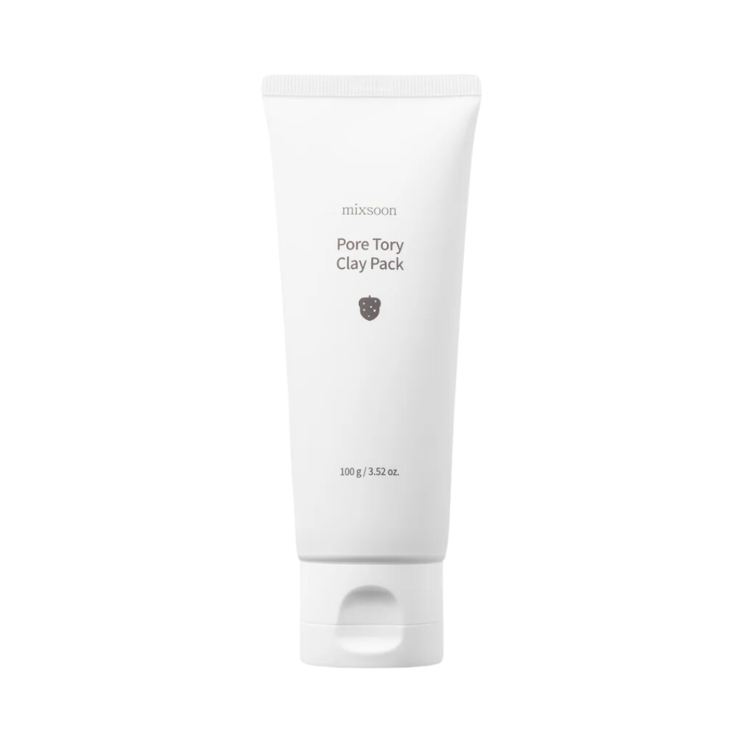 Hvid tube med tekst "Mixsoon - Pore Tory Clay Pack" og lille logo. Indhold: 100 g / 3.52 oz.