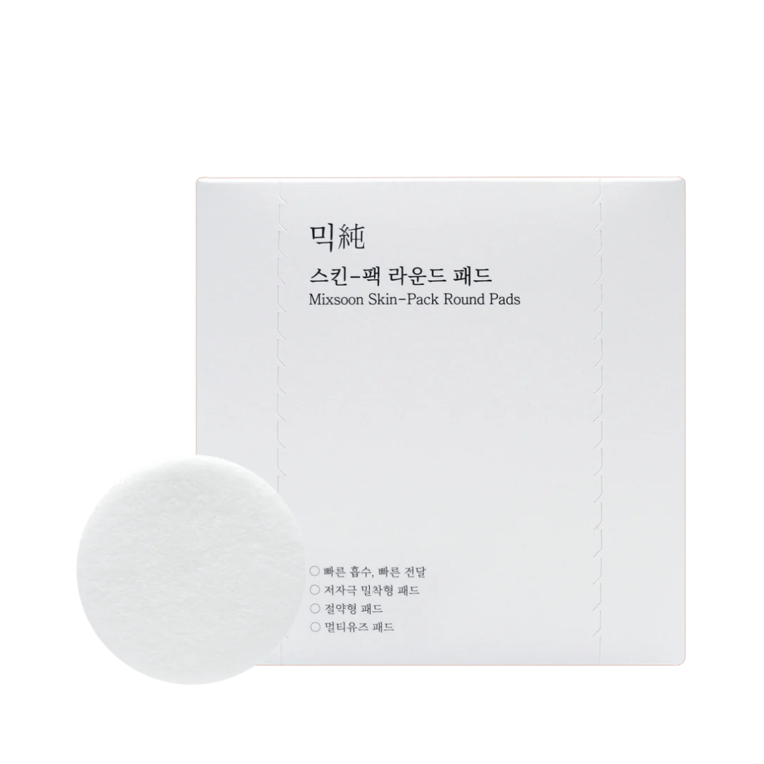 Hvid æske med tekst "Mixsoon Skin-Pack Round Pads" og en rund hvid vatpude foran.