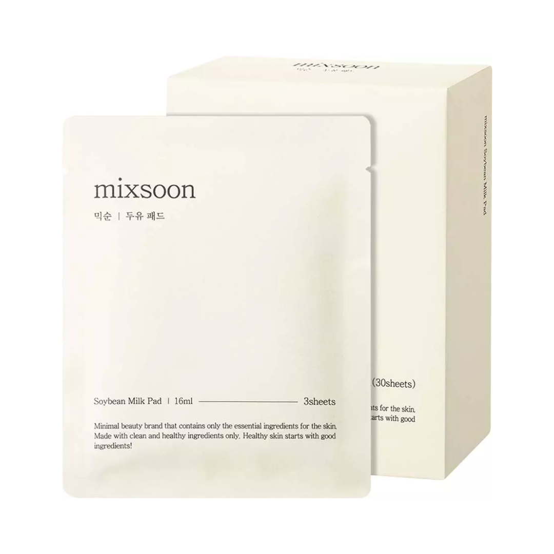 Mixsoon Soybean Milk Pad pakke og pose, minimalistisk design, beige farve, 16 ml, 3 ark.