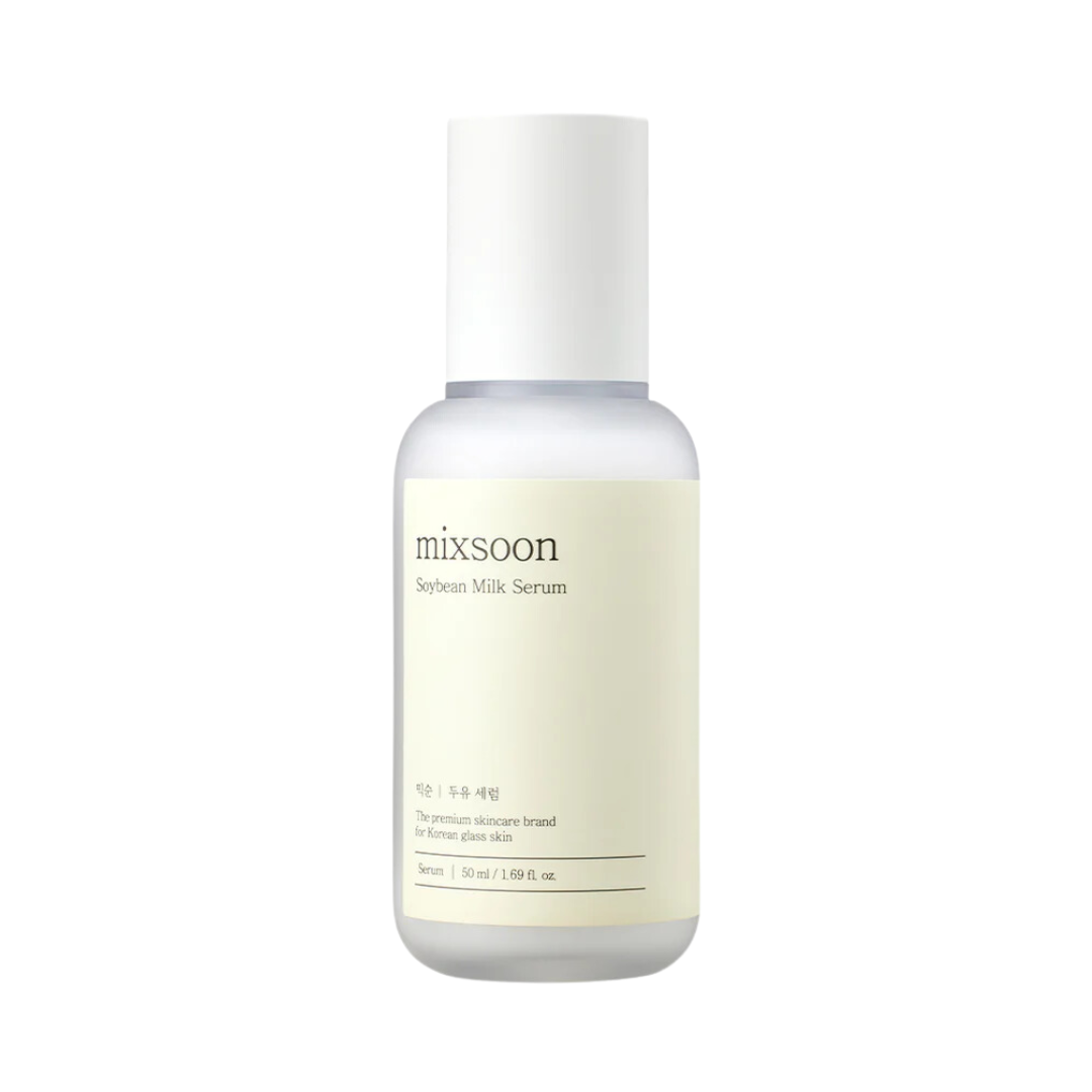 Hvid flaske med Mixsoon Soybean Milk Serum, 50 ml. Sort tekst på etiketten.