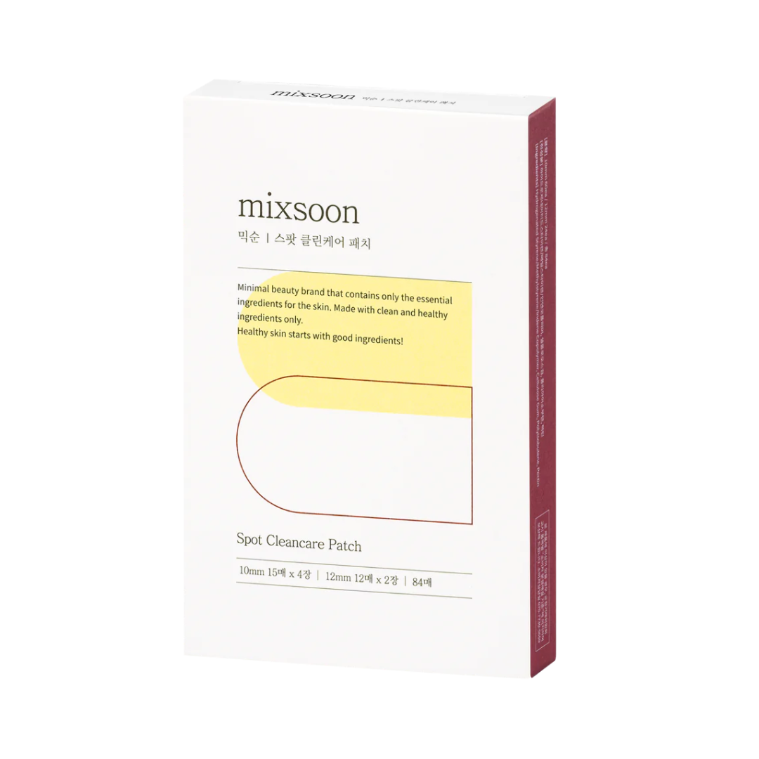 Hvid æske med "mixsoon" branding, tekst om hudpleje, og produktdetaljer for Spot Cleancare Patch.