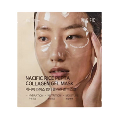 Person med gennemsigtig gelmaske, produktnavn "Nacific Rice Pepta Collagen Gel Mask" vises.