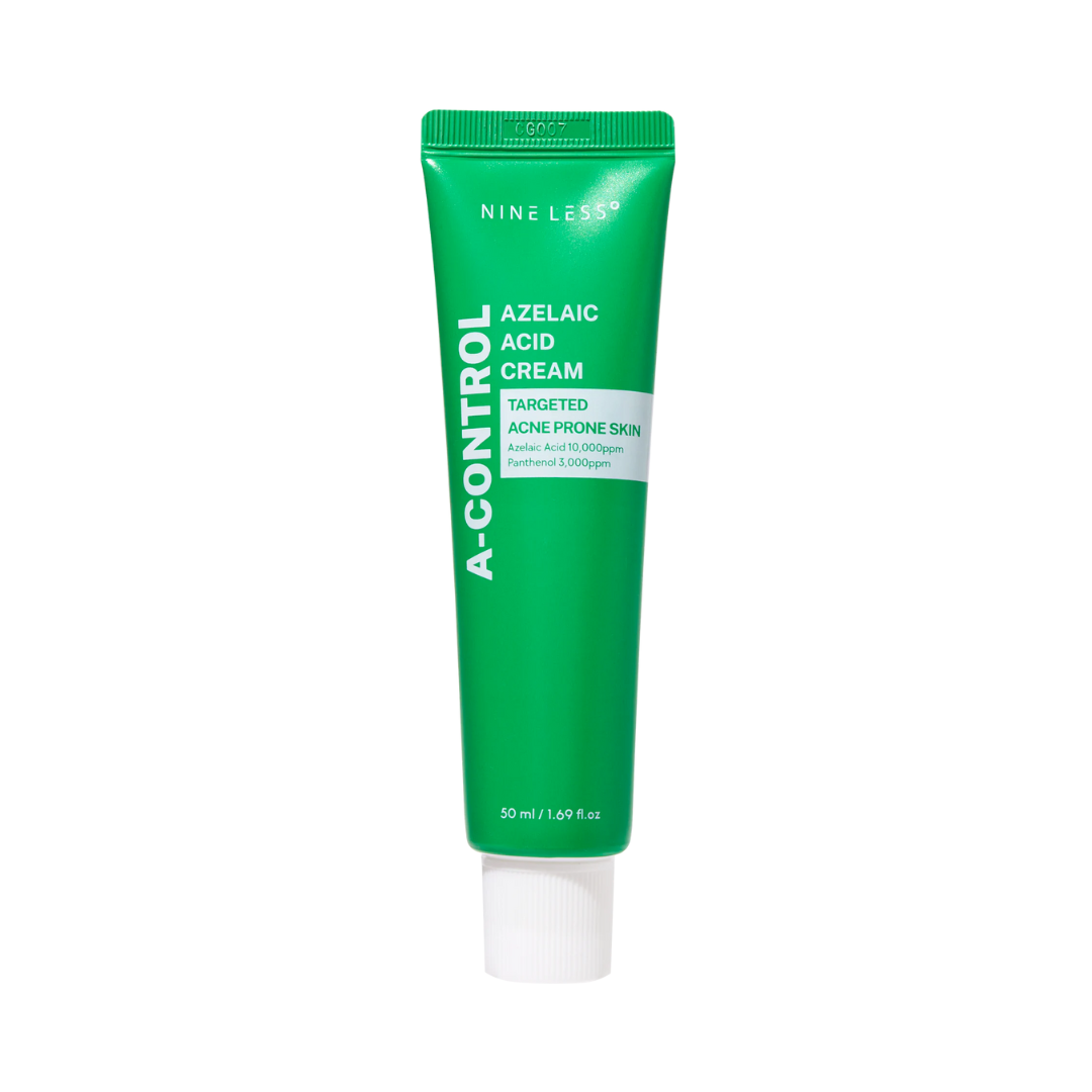 Grøn tube med hvid tekst: "Nineless A-Control Azelaic Acid Cream" til acne, 50 ml.