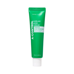 Grøn tube med hvid tekst: "Nineless A-Control Azelaic Acid Cream" til acne, 50 ml.