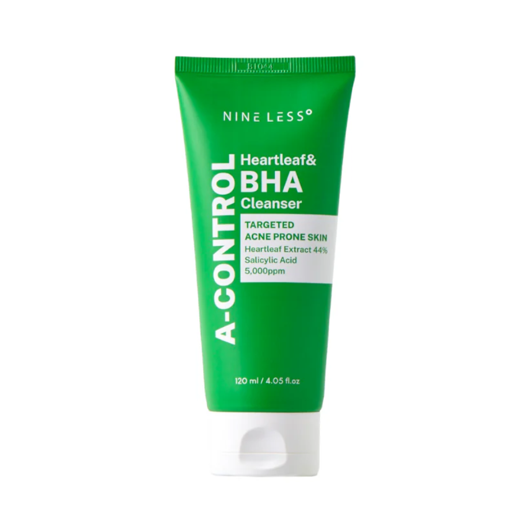 Grøn tube med "Nineless A-Control Heartleaf BHA Cleanser" og 120 ml angivet.
