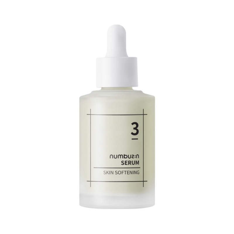 Frostet flaske med hvid pipettehætte. Etiket: "No.3 Numbuzin Serum, Skin Softening".