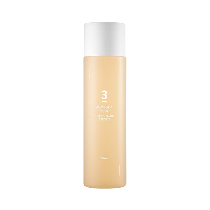 Beige flaske med hvidt låg. Tekst: "3 numbu:zin Toner SUPER GLOWING ESSENCE", 200 ml.