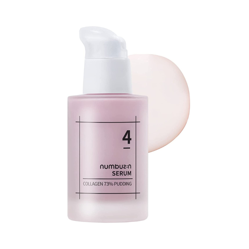 Lyserød flaske med hvid pumpe, mærket "Numbuzin No.4 Collagen 73% Pudding Serum".
