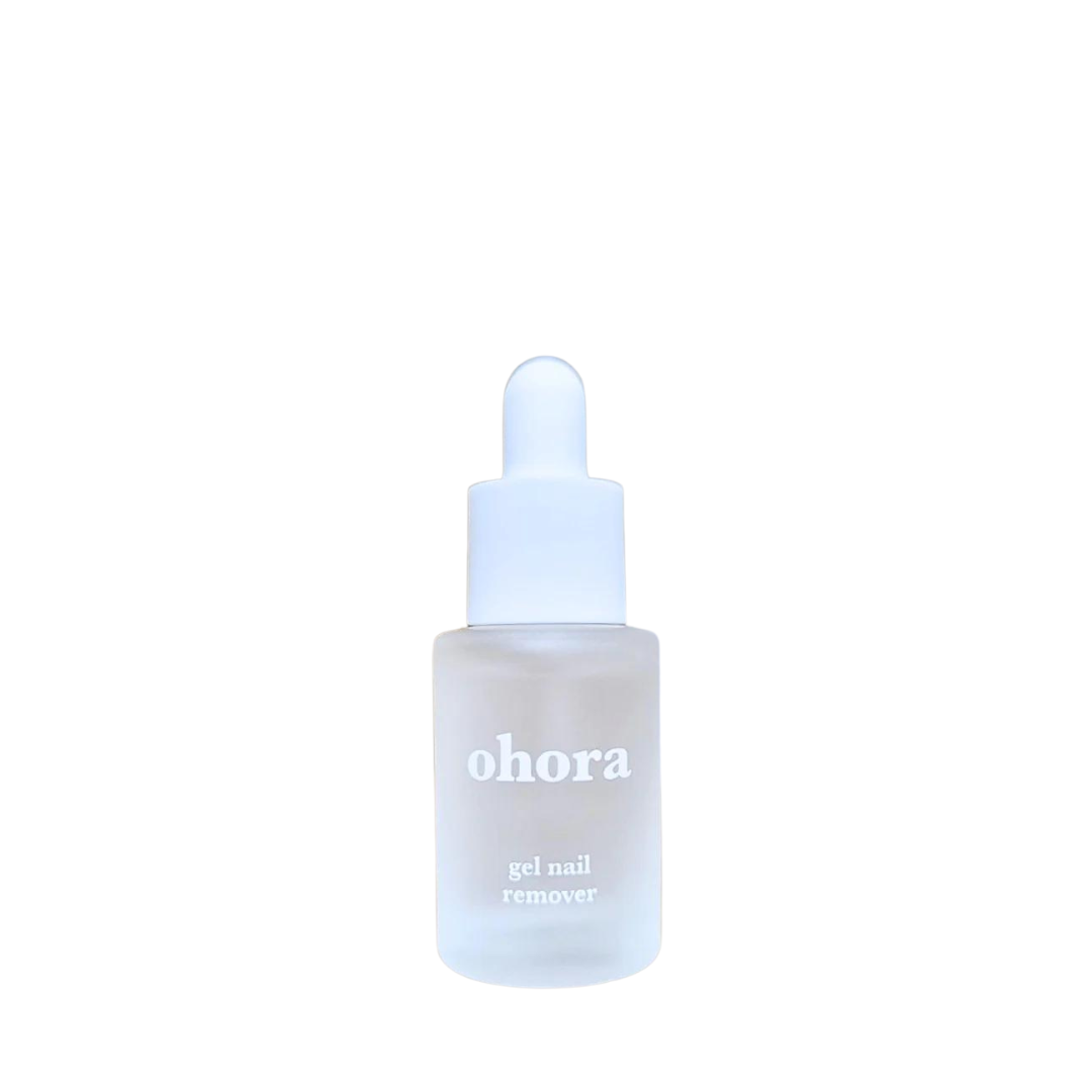 Klar flaske med hvid dråberlåg, mærket "ohora gel nail remover".