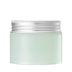 Frostet lysegrøn krukke med metal låg, indeholder sandsynligvis beroligende creme.