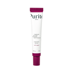 Hvid tube med lilla låg, "Purito SEOUL Timeless Bloom Retinol Spot Cream" står på tuben.