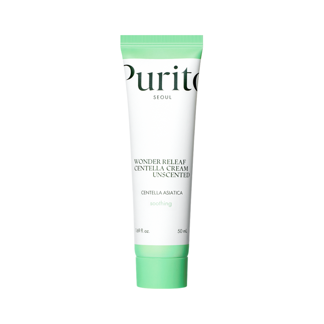 Hvid og grøn tube med teksten "Purito Wonder Releaf Centella Cream Unscented" og "50 mL".