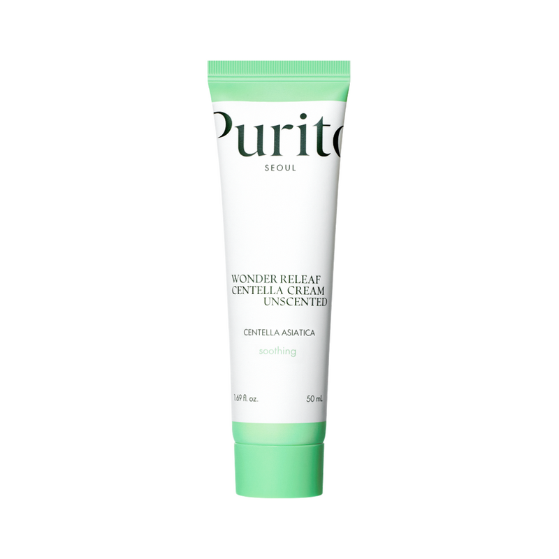 Hvid og grøn tube med teksten "Purito Wonder Releaf Centella Cream Unscented" og "50 mL".
