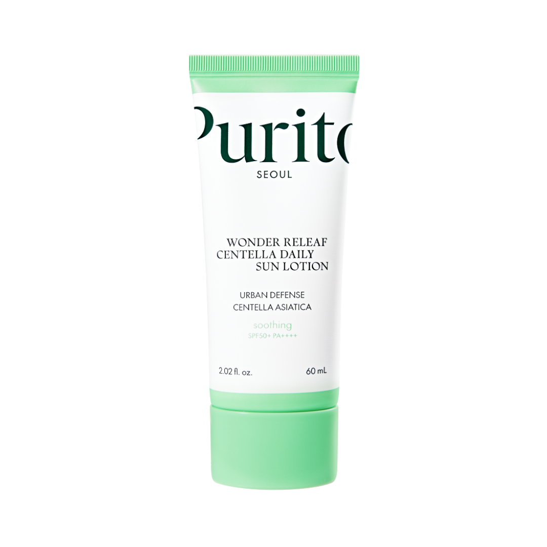 Tube med Purito Wonder Releaf Centella Daily Sun Lotion, SPF50+, 60ml, grøn og hvid emballage.
