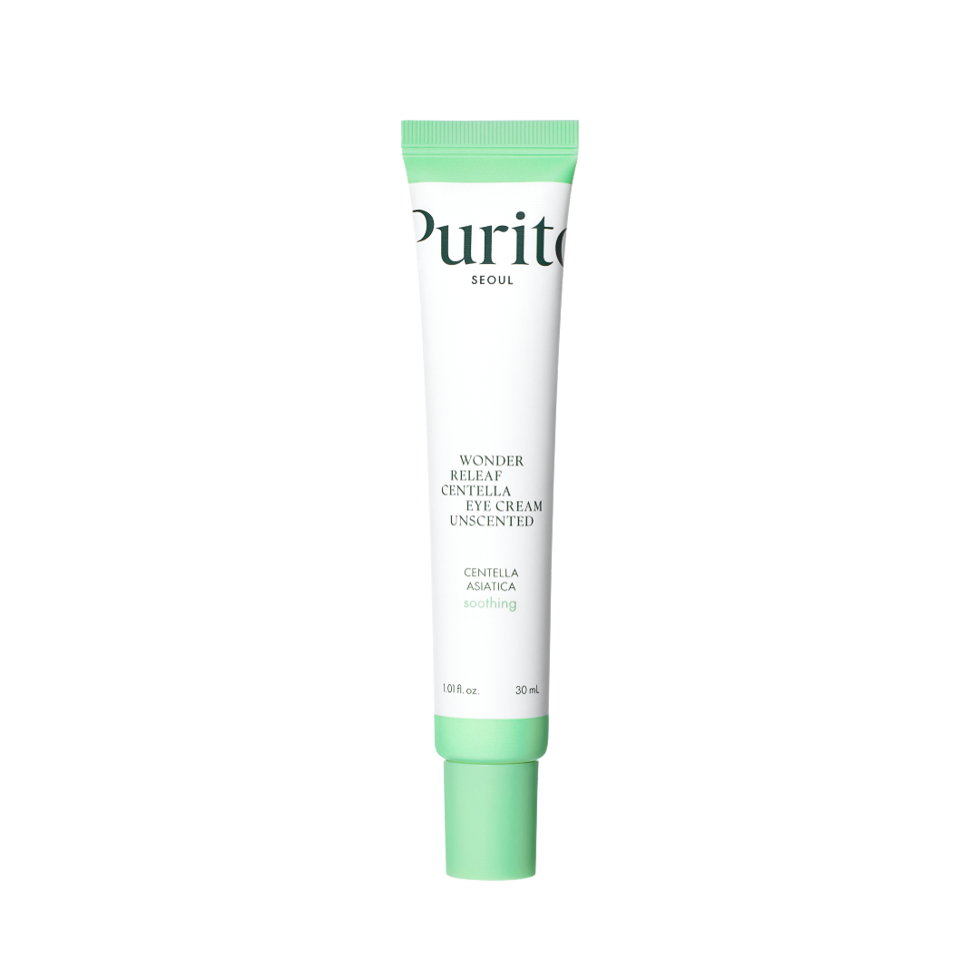 Hvid tube med mintgrøn hætte, Purito SEOUL Wonder Releaf Centella Eye Cream Unscented, 30 ml.