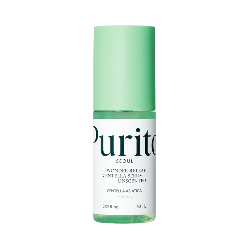 Flaske med grøn hætte, "Purito SEOUL Wonder Releaf Centella Serum Unscented" på etiketten.