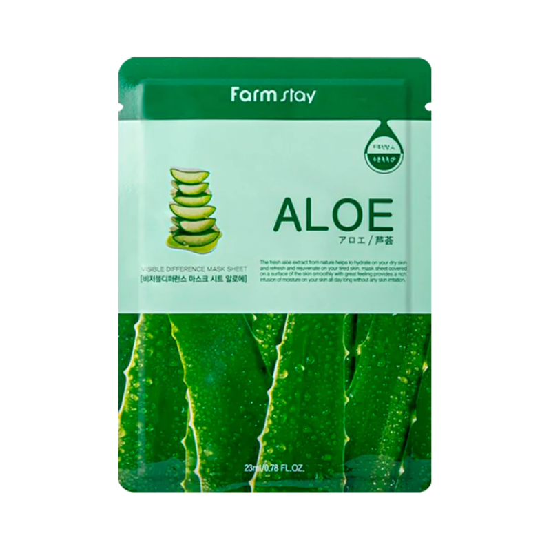 Grøn pakke med aloe vera-billede og teksten "Farm Stay Aloe Visible Difference Mask Sheet".