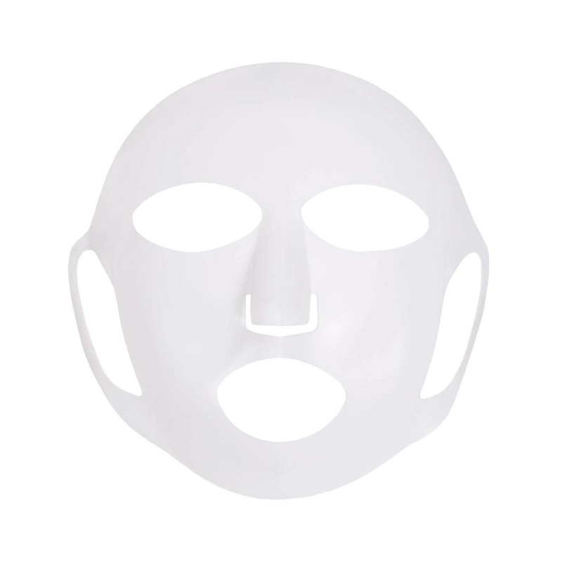Hvid genanvendelig silikonemaske med udskæringer til øjne, næse og mund.