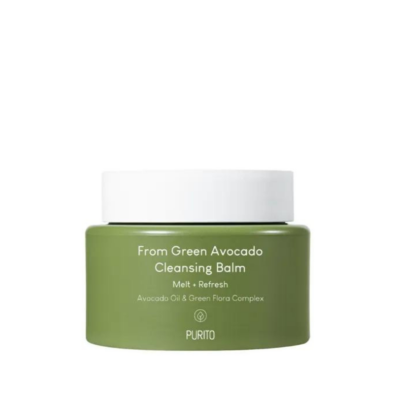Grøn krukke med hvidt låg, tekst: "From Green Avocado Cleansing Balm, Melt + Refresh, PURITO."