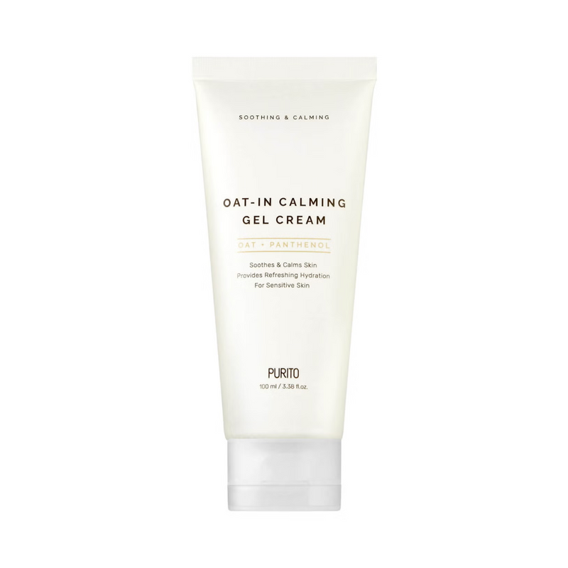 Hvid tube med "Oat-in Calming Gel Cream" fra Purito, 100 ml, beroligende og fugtgivende til sart hud.