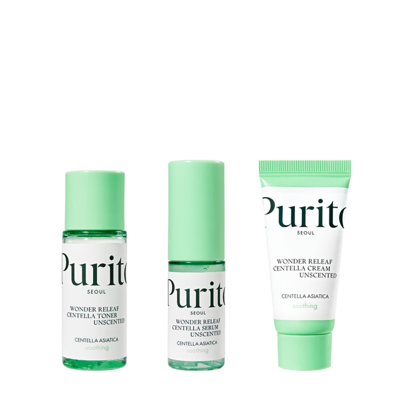 Tre Purito produkter: toner, serum og creme, med grønne hætter og hvide etiketter.