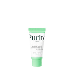 Hvid tube med grøn hætte, tekst "Purito Wonder Releaf Centella Cream Unscented" på forsiden.