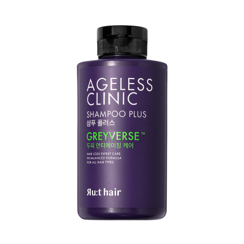 Lilla flaske med teksten "AGELESS CLINIC SHAMPOO PLUS GREYVERSE". Til hårpleje og alle hårtyper.
