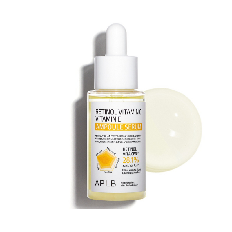 Klar flaske med hvid dråbehætte, mærket APLB Retinol Vitamin C Vitamin E Ampoule Serum.