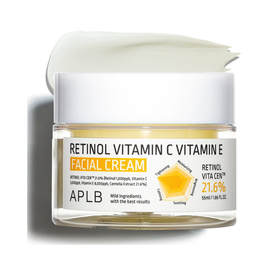 Krukke med APLB Retinol Vitamin C Vitamin E ansigtscreme, 55ml, ingredienser og effekter angivet.