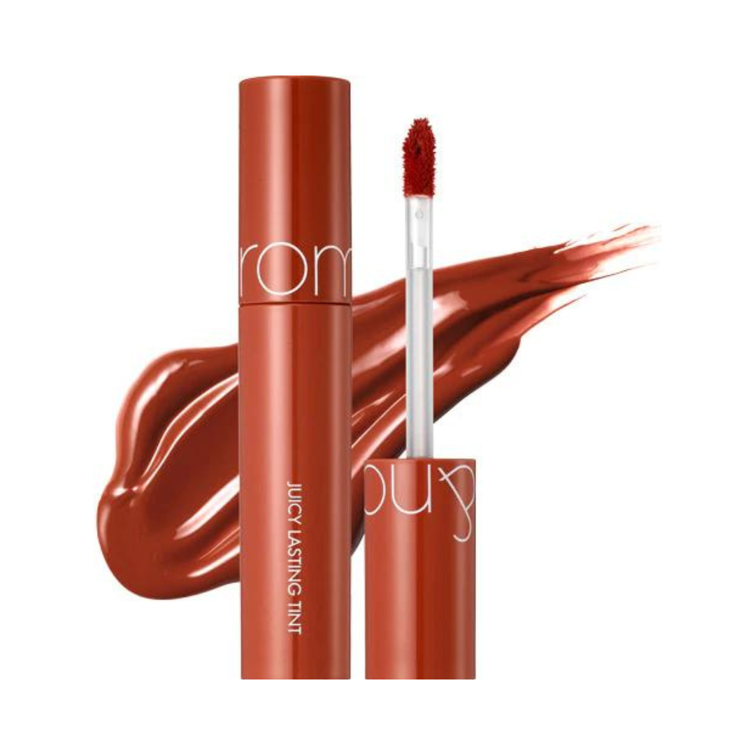 Rom&nd Juicy Lasting Tint i brunrød, med applikator og tube, elegant design.