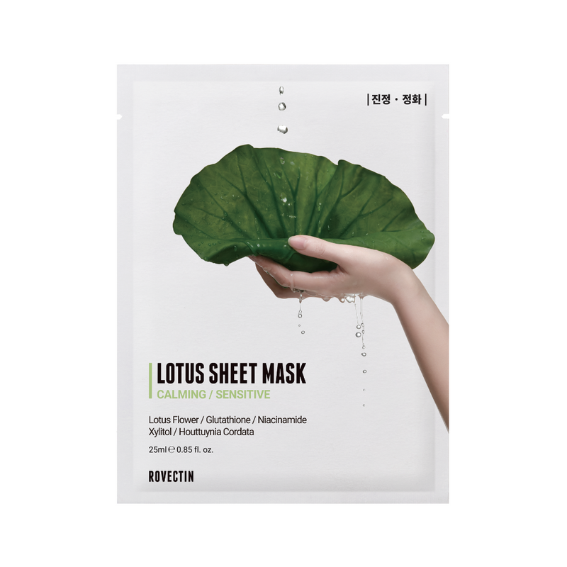 Pakke med lotusblad og vanddråber, tekst: "Lotus Sheet Mask, Calming/Sensitive, Rovectin".