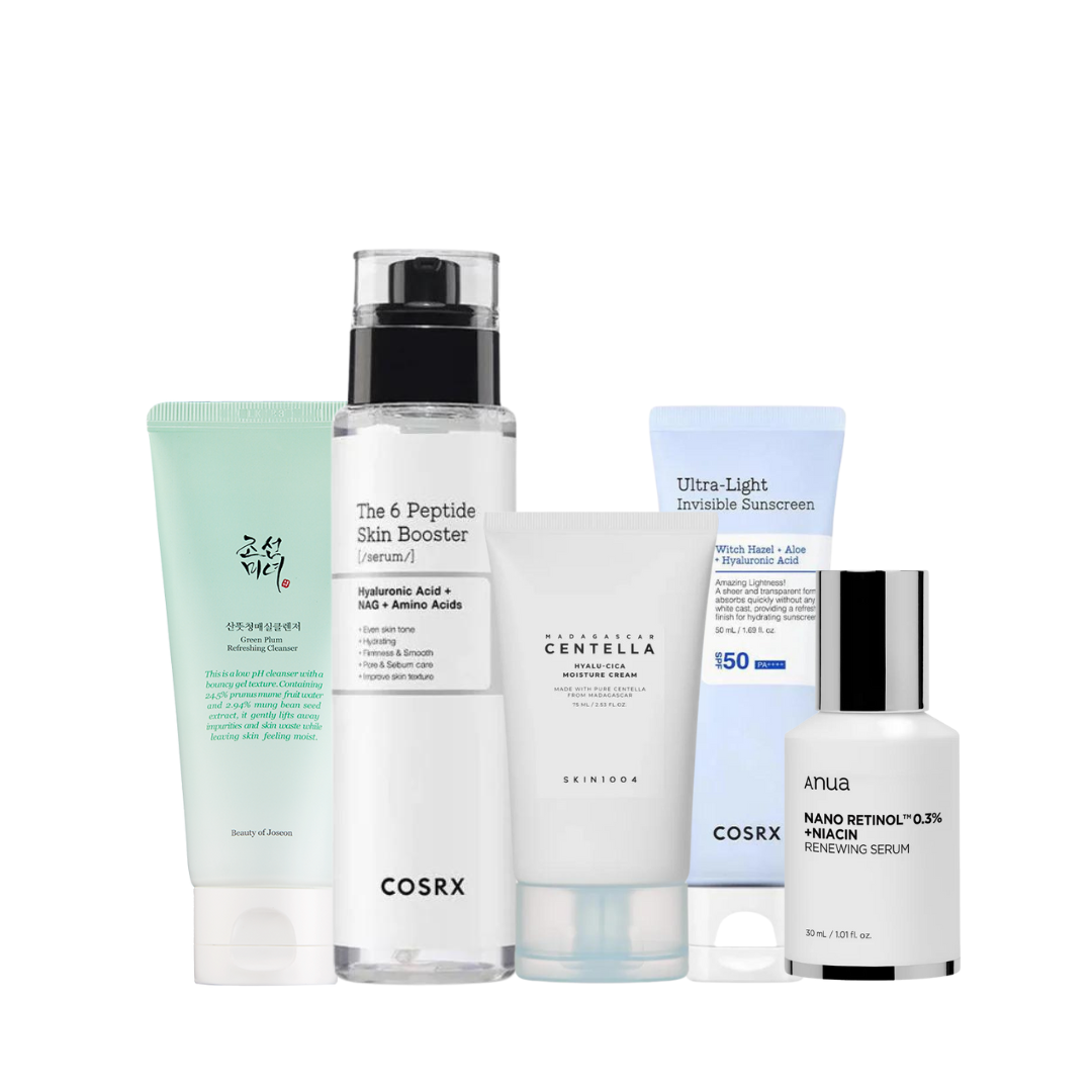 Fem hudplejeprodukter: rens, serum, solcreme. Forskellige mærker og funktioner mod linjer og pigment.