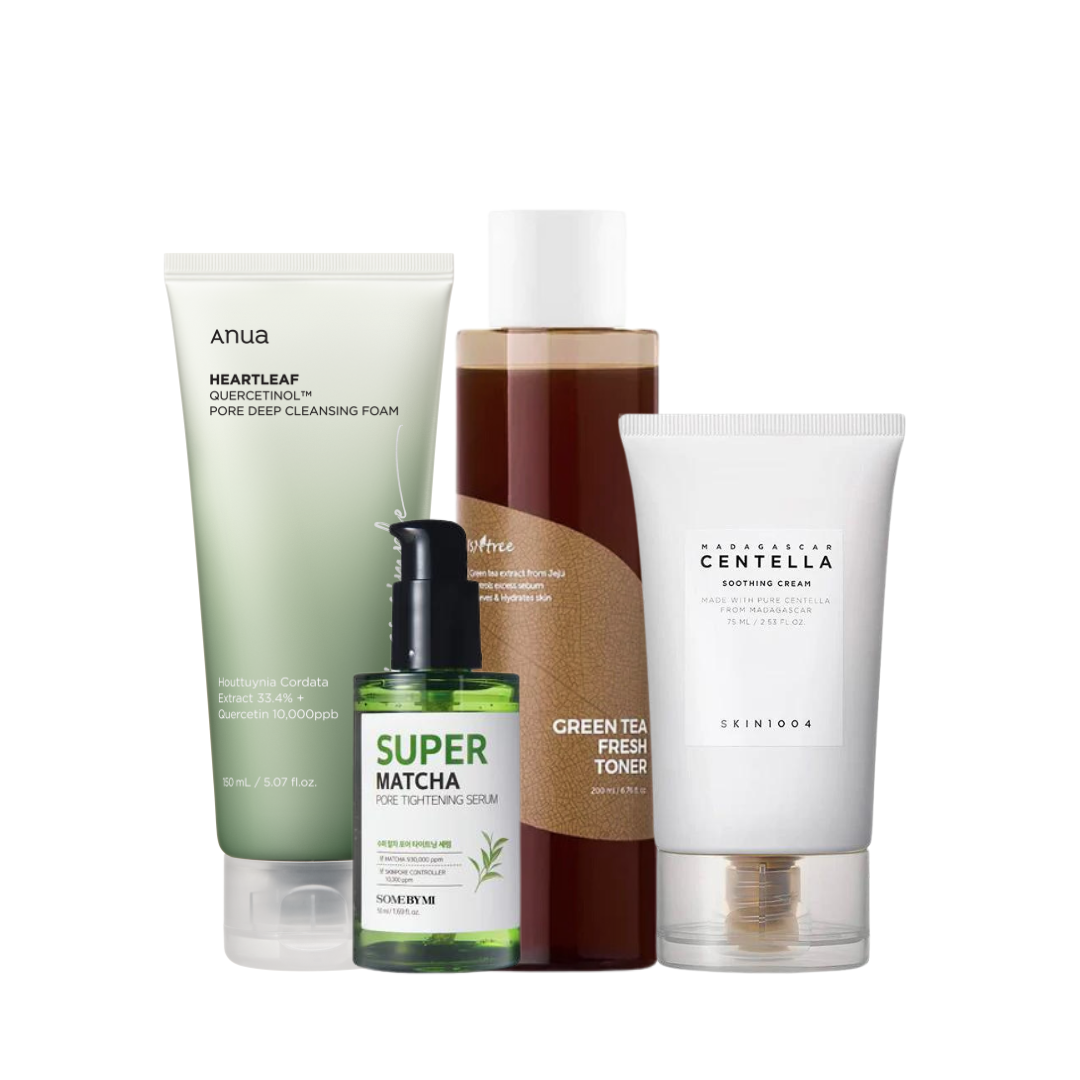 Fire hudplejeprodukter: rense-skum, toner, serum og beroligende creme til porer og kombineret hud.