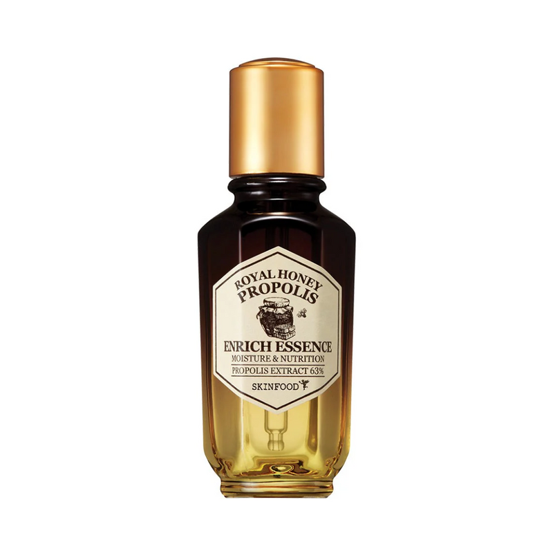 Mørk ravfarvet flaske med gyldent låg, label: Royal Honey Propolis Enrich Essence, 63% propolis.