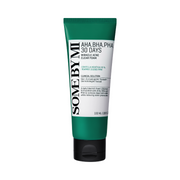 Grøn tube med "Some By Mi - AHA BHA PHA 30 Days Miracle Acne Clear Foam" tekst og produktinfo.