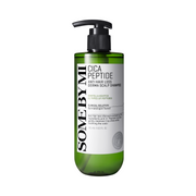 Grøn shampoo med sort pumpe, etikette med "Cica Peptide Anti Hair Loss Derma Scalp Shampoo".