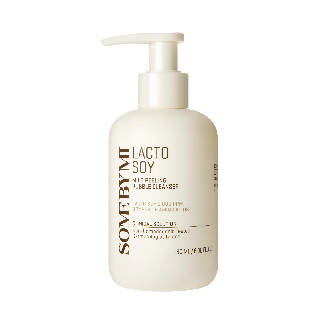 Hvid pumpeflaske med brunt tryk: Some By Mi - Lactosoy Mild Bubble Peeling Cleanser, 180 ml.